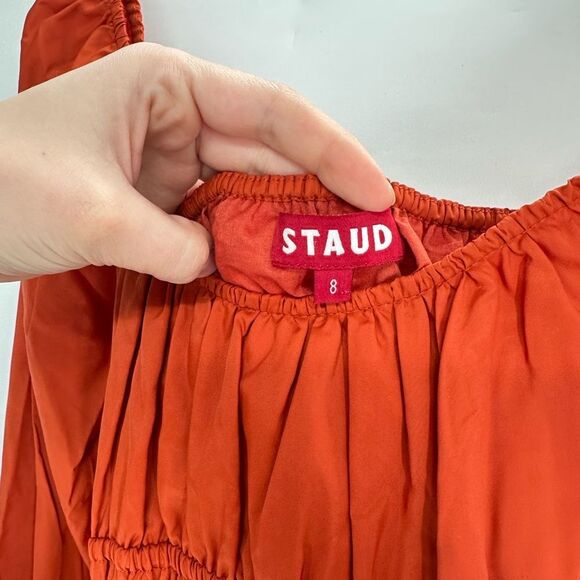 STAUD Bow Dress Smocked Waist Dress Size 8 Rust Long Sleeve Peasant Mini - Picture 6 of 10